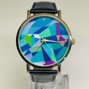 Geneva Quartz Watch Geometric Dial Gold Tone Case New Battery Working